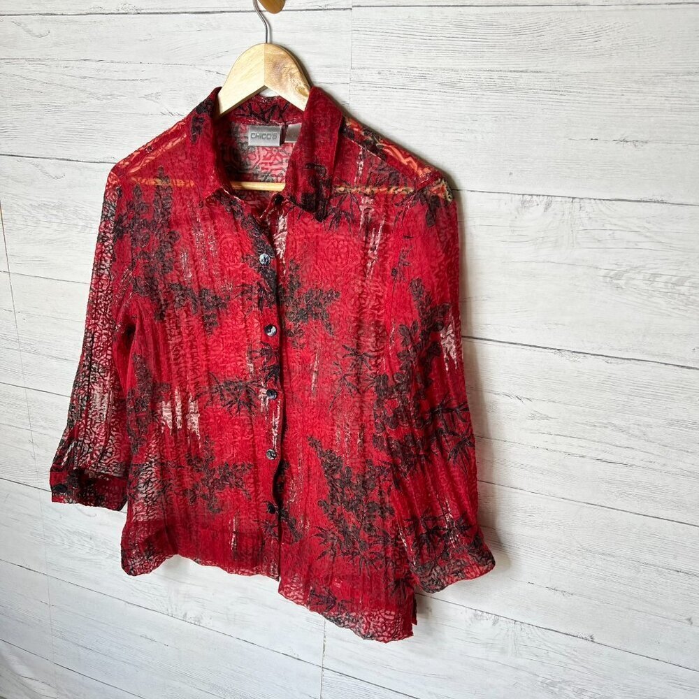 Chicos Blouse Womens SZ 1 / M Red, Black & White Floral Bamboo Print Linen Blend - Picture 4 of 15